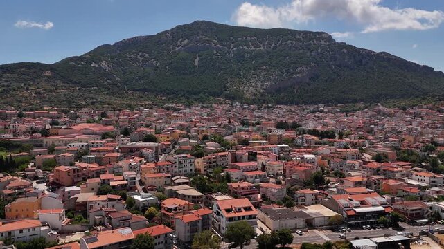 Aerial view of Sarinia Dorgali with mountains and vibrant rooftops