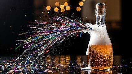 Champagne bottle explosion with colorful confetti and foam.
