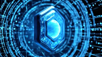 Futuristic blue hexagon with an inner glowing sphere, surrounded by digital data streams - Powered by Adobe