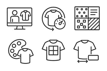 3D Clothing Customization Icons. Line style icons of 3D clothing customizations: avatar-based fitting, adjustable size dial,