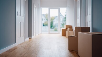 Cardboard boxes stacked in a bright hallway with wooden flooring, leading to large windows, symbolizing the process of moving house and new beginnings