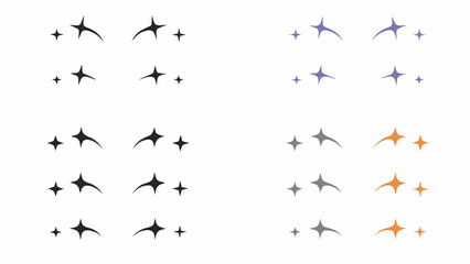 Fototapeta premium Collection of stylized starburst sparkle icons in black purple gray and orange on white background