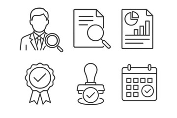 ESG Audit Icons. Line style icons of third-party ESG audits: external auditor icon, audit scope file, findings report chart,