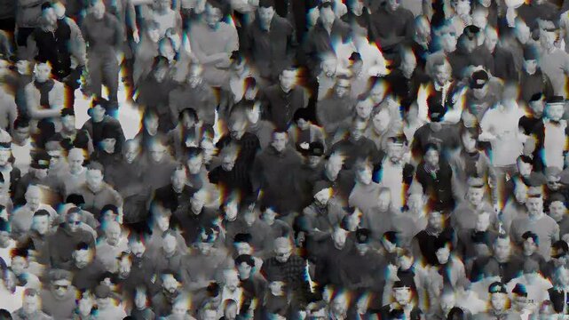 A crowd with a glitch effect. Digital distortion. Crowd simulation in cyberpunk style.