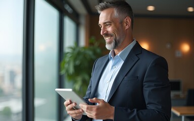 Happy middle aged business man ceo wearing suit standing in office using digital tablet. Smiling mature businessman professional executive manager looking away thinking working on tech device.