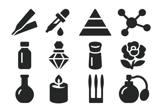 Artisan Perfumery Icons. Solid style icons of Artisan perfumery: scent strip, essential oil dropper, note pyramid, odor molecule,