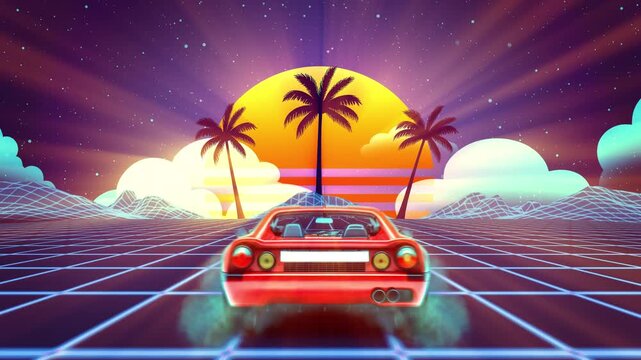 Retro 80s Synthwave background loop featuring a red sport car driving away into a glowing digital grid landscape towards a vibrant sunset. Ideal for music, gaming, and nostalgic retro projects.