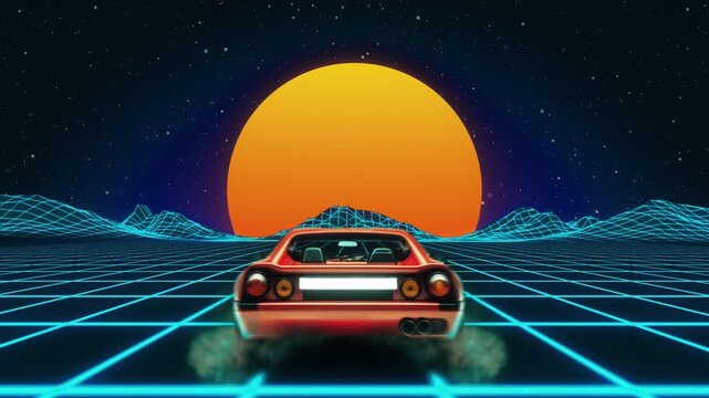 Retro 80s Synthwave background loop featuring a red sport car driving away into a glowing digital grid landscape towards a vibrant sunset. Ideal for music, gaming, and nostalgic retro projects.