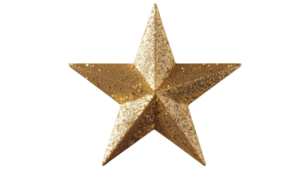 A dazzling five-pointed golden glitter star, shimmering brightly and perfect for festive decorations or a touch of celebratory sparkle. background removed