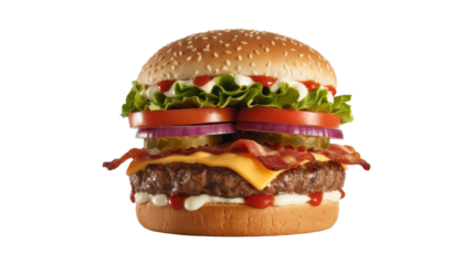 A stacked gourmet bacon cheeseburger with a juicy patty, melted cheese, crispy bacon, fresh vegetables, and sauces on sesame bun. background removed