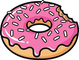 Delicious pink donut with sprinkles and a bite taken out on a white background