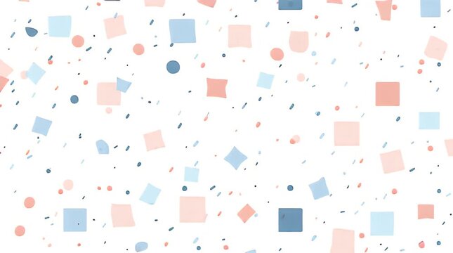 A whimsical pattern with scattered shapes in pastel hues, including squares, dots, and dashes, against a bright white background. It's clean and playful