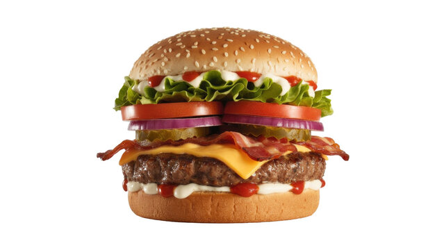 A stacked gourmet bacon cheeseburger with a juicy patty, melted cheese, crispy bacon, fresh vegetables, and sauces on sesame bun. background removed