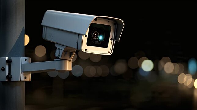 A security camera, mounted on a pole, points towards a blurry night scene with bokeh lights. The camera is silver