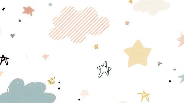 A whimsical illustration with scattered stars and cloud shapes in pastel colors. The background is white, giving a gentle and dreamy feeling