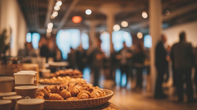 Close-up of a woven basket with appetizing croissants and coffee cups on a buffet table against a background of blurred silhouettes of people socializing during a corporate event