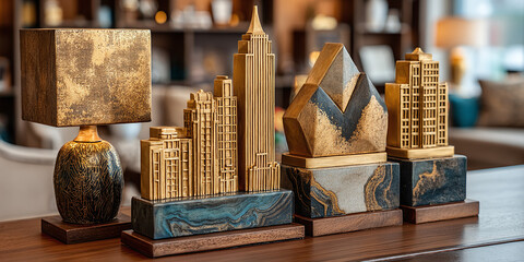 Elegant Art Deco inspired golden city skyline sculptures and a matching table lamp create a stylish display for home or office decor