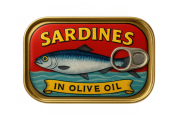 Sardines tin can with fish illustration in olive oil, vintage canned seafood packaging featuring a blue fish design