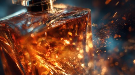 Luxurious Perfume Bottle with Golden Liquid and Sparkling Light Effects, Close-Up.