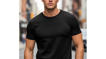 Young Model Shirt Mockup, Boy wearing black t-shirt on street in daylight, Shirt Mockup Template on hipster adult for design print, Male guy wearing casual t-shirt mockup placement, generative ai