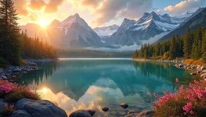 Tranquil dawn breaks over mountain lake view. Snowy peaks touch sky. Coniferous trees line shoreline. Reflections mirror scene. Pink flowers bloom near rocks. Calm water meets land in nature
