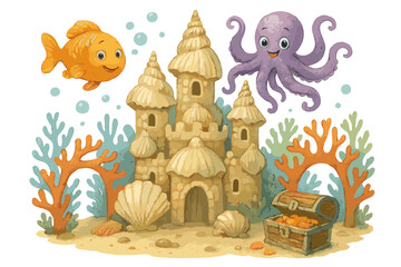 Seashell Castle Adventure. Underwater castle made of seashells with smiling fish, playful octopus, treasure chest, and coral
