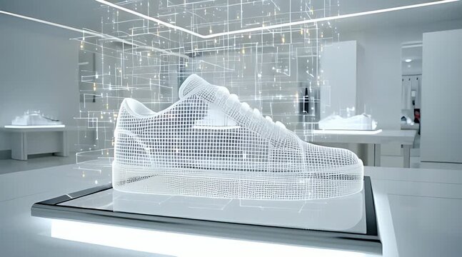Futuristic 3D wireframe hologram of a sneaker rotating on a digital display in a high-tech retail store