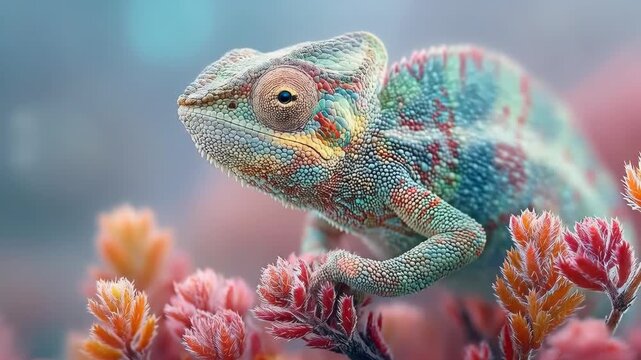 Macro view of calm colorful chameleon, curious lizard reptile in wild nature perched on vibrant pink flower
