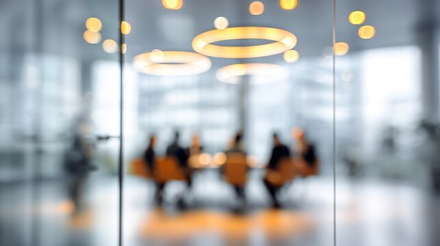 Blurred image of business people silhouettes sitting around table meeting in a modern glass-walled office space with warm bokeh lights creating atmosphere of collaboration and professionalism
