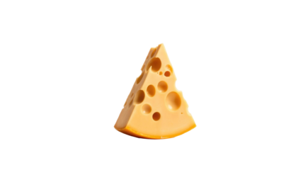 A vibrant yellow-orange triangular wedge of Swiss cheese, featuring distinct holes, prominently displayed against a solid dark transparent background. background removed