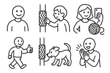 Community Knit Icons. Line style icons of community response to guerrilla knitting: smiley passerby, child touching knit, selfie