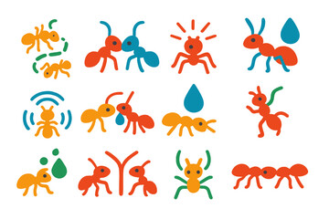Obraz premium Ant Communication Icons. Flat vector icons of ant communication methods: pheromone trail, antennal touch, alarm signal, food