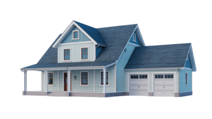 A modern light blue two-story house featuring a dark roof, front porch, and attached two-car garage, isolated on a solid transparent background. background removed