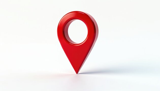 Red 3D map pin stands on white background with shadow. Shiny pointer marks location on digital geographic information system. Shows travel destination, business address, important spot, service point