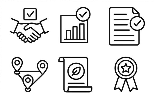 Supply Chain Icons. Line style icons of supply chain ESG controls: supplier screening icon, ethical sourcing chart, compliance