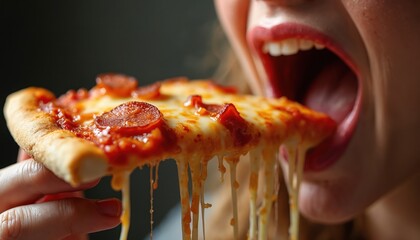 Close up of person eating pizza slice with dripping cheese. Open mouth eating tasty pie. Concept junk food, tasty snacks, comfort food, unhealthy lifestyle. Cheat meal diet plan tasty treat.