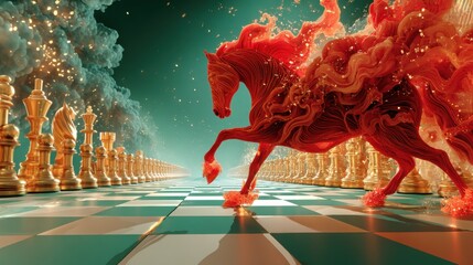 laming red horse charging down chessboard corridor between golden pieces, cinematic fantasy strategy scene on teal smoky background with glowing sparks, horse symbol of new year