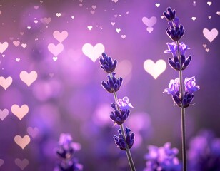 Lavender sprigs with blurry hearts against a soft, purple background