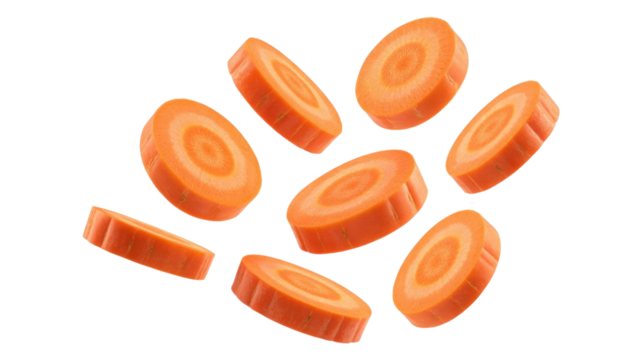 Eight vibrant orange carrot slices, freshly cut, appear to float or fall against a dark transparent background, showcasing their crisp texture and concentric rings. background removed