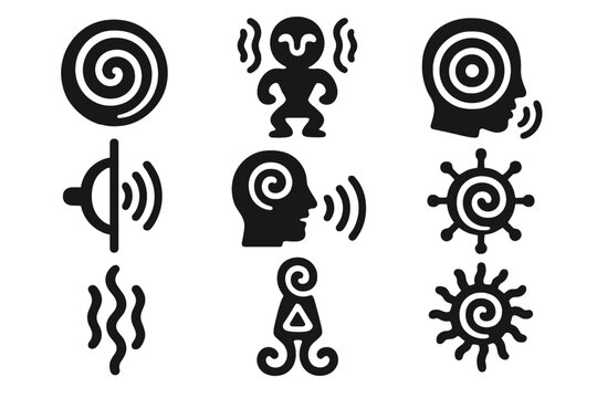 Ancient Sound Symbols. Solid style icons of ancient sound symbolism: spiral glyphs, sonic runes, resonance sigils. Sound-based