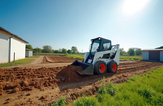 White skid steer loader works with soil on field. Heavy industrial machine level ground, dig, shovel dirt. Modern tractor with scoop at construction site. Land improvement with special vehicle.
