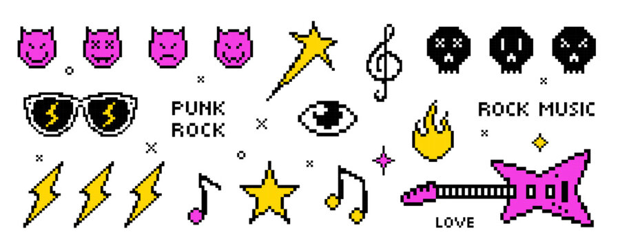 Pixel Music Icons Y2K Vector Elements Set. Punk Rock Concert Symbols Stickers Abstract Collection with Guitar, Scull, Flame, Notes, Glasses and Treble Clef. 8 Bit Geometric Game and App Shapes