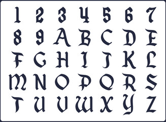 Vector illustration of gothic alphabet and number font set
