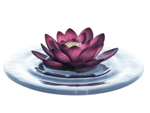 A single dark pink lotus flower floats serenely on rippling water in darkness