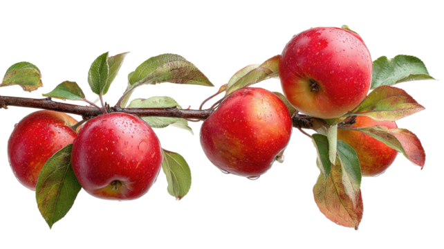 Ripe red apples with fresh green leaves on an orchard tree branch are a symbol of a healthy autumn harvest - Powered by Adobe