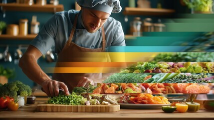 Creative chef preparing vegetables while colorful horizontal slices reveal fresh produce close up, conceptual healthy cooking, nutrition and culinary innovation
