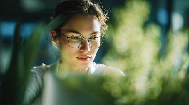 focused business analyst working on a laptop in a nature-inspired office
 - Powered by Adobe