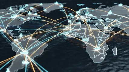 Global shipping network with illuminated cargo ship icons and glowing trade routes connecting continents over world map, showcasing maritime transport, logistics, and global cargo connection across - Powered by Adobe