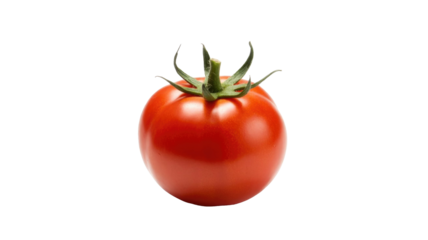 A perfectly ripe, vibrant red tomato with its green stem and sepals stands out against a solid dark transparent background, ready for use. background removed