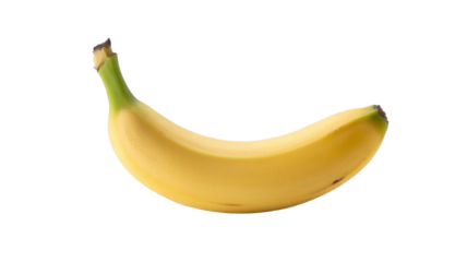 A single, ripe yellow banana with a subtle green stem, perfectly presented horizontally against a solid transparent background, ready for use. background removed